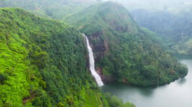 Gartmore şelalesinin en üst manzarası çay tarlaları arasında göle düşüyor. Maskeliya, Sri Lanka.