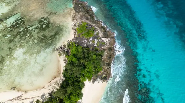 Beyaz kumu, yemyeşil tropikal bitki örtüsü ve gök mavisi suları olan bir ada sahili. Seyşeller, Mahe.
