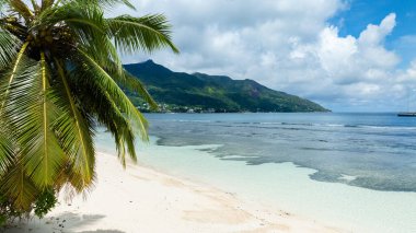 Turkuaz sularla ve yemyeşil tepelerle çevrili kumlu bir sahil. Seyşeller, Mahe. Beau Vallon Plajı.