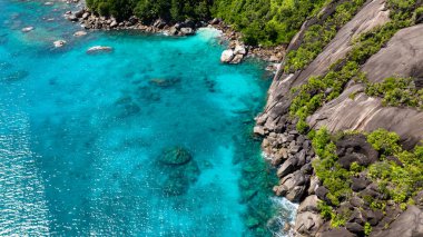 Çarpıcı turkuaz suyu ve yoğun yeşil bitki örtüsü olan kayalık bir sahil şeridi. Seyşeller, Mahe.