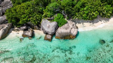 Berrak turkuaz suların ve gür bitki örtüsüne sahip kayalık tropikal kıyı şeridinin havadan görüntüsü. La Digue, Seyşeller.