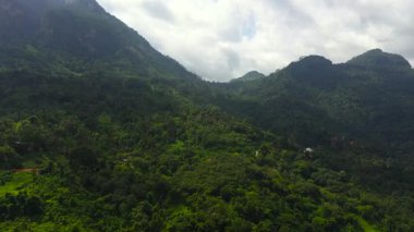 Aerial view of Mountains covered rainforest, trees and blue sky with clouds. Sri Lanka.