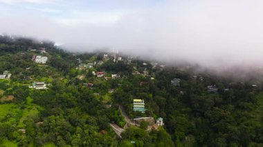 Dağların yamaçlarındaki sis ve bulutlarla kaplı evlerin hava aracı. Ella, Sri Lanka.