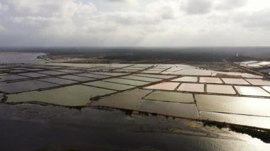 Salt evaporation baths from seawater on a salt farm. Sri Lanka.