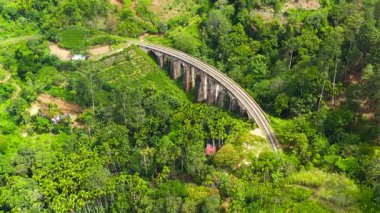 Ella yakınlarındaki Highlands 'taki Nine Arches Köprüsü, yukarıdan Sri Lanka manzaralı. Çevrede Orman ve Çay Çiftliği.