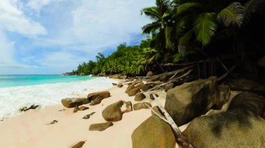 Büyük dağılmış kayaları, palmiye ağaçları ve bulutlu bir gökyüzünün altında turkuaz dalgaları olan kumsal. Seyşeller, Mahe. Anse Niyet.