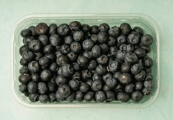 Açık mavi arka planda, şeffaf plastik bir kabın içindeki taze yaban mersinlerinin üst görüntüsü. Koyu mavi tonlar meyvenin doğal dokusunu ve olgunluğunu vurgular.