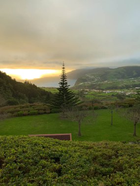 Sao Miguel 'in manzarası, Azores, bereketli bir manzara, ağaçlar, kıyı şeridi, ve okyanus üzerinde gün batımı ışığı..