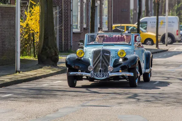 Lisse, Hollanda - 9 Nisan 2017: İki yetişkin eski Fransız arabası Cintron Traction Avant ile gezintiye çıkıyor.