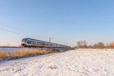 Hazerswoude, Hollanda - 12 Şubat 2021: Groene Hart 'ta Hazerswoude yakınlarındaki Alphen aan den Rijn ve Leiden arasında kar sahası koşucusu