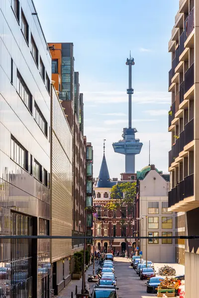 Arka planda Eurodireği bulunan Rotterdam şehir merkezinin sokak manzarası