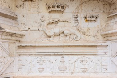 Blois, Loir-et-Cher, Centre-Val de Loire, France  25 May 2022: Details of a  bas-relief of the Royal Castle of Blois. The salamander was the symbol of the king Franois the first.