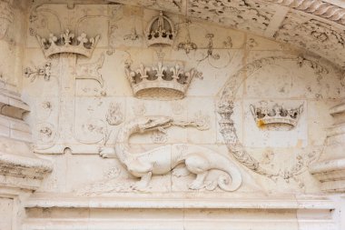 Blois, Loir-et-Cher, Centre-Val de Loire, France  25 May 2022: Details of a  bas-relief of the Royal Castle of Blois. The salamander was the symbol of the king Franois the first.