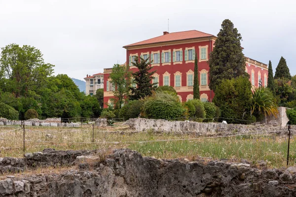 Nice, Alpes-Maritimes, Provence-Alpes-Cote-dAzur, France  23 May 2022: Matisse Museum view from the antic ruins of the Roman Baths of Cimiez 