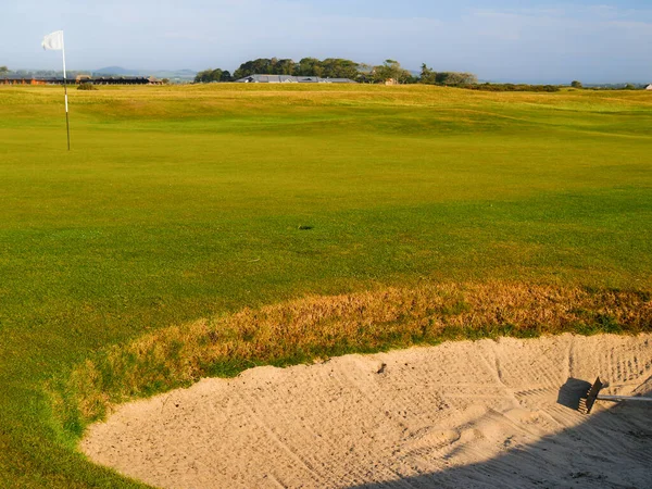 Golf Sahasında Kısa Yeşil Çimlerle Çevrili Bir Kum Deposu — Stok fotoğraf
