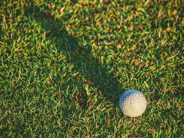 朝の光の中で日の出に緑の芝生の上でゴルフボールの長い影 — ストック写真