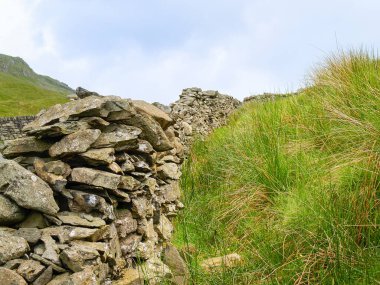 Çiftlik arazisinde yükselen kuru taş duvar.