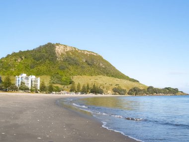 Tauranga Yeni Zelanda 'da, okyanus sahilinin sonundaki Maunganui Dağı..