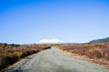 Gravel road and Mount Ruapehu snow capped under blue sky in wide landscape in North Island New Zealand.