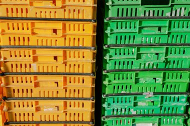 Wellington New Zealand - October 4 2010; Stacks of green and orange produce crates at Saturday morning farmers market in city