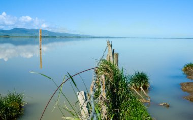 Fence leading into calm blue water of Lake Wairarapa with distant hills across other side in New Zealand North Island.