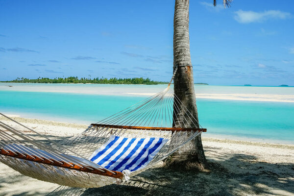 Hammock slung between palms in shade by waters edge of tropical holiday destination of Aitutaki Island.