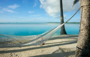 White string hammock strung between coconut palms on idyllic tropical island beach in South Pacific.