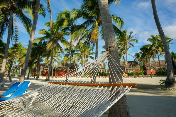 White string hammock strung between coconut palms on idyllic tropical island beach in South Pacific.