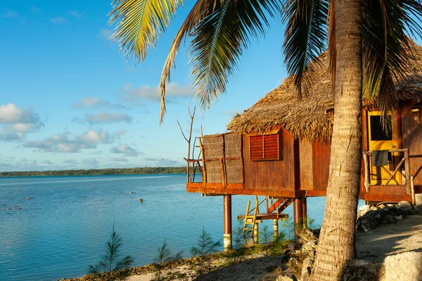 Idyllic rustic chalet with palm frond thatched roof on waters edge on tropical island.