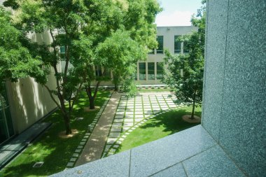 Canberra Avustralya 23 Ocak 2011; Ağaçlı ve kaldırımlı çimenler arasındaki gölgeli avlu