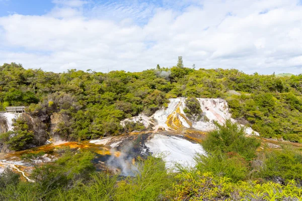 Bush Otacza Geotermalne Kolorowe Tarasy Dramatycznym Krajobrazie Orakei Korako — Zdjęcie stockowe