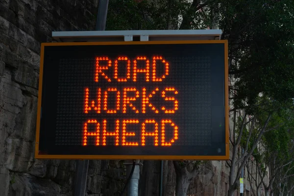Road Works Ahead Led Warning Sign City Street — Stock Photo, Image