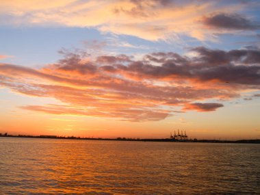 Tauranga Limanı 'nın üzerinde parlak sabah güneşinin çarpması.