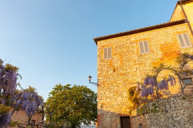 Güneş altın rengi dış yüzeyde geleneksel taş duvar alçak açılı görüşte..