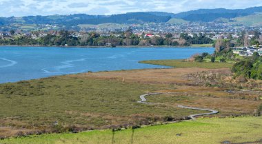 Waikaereo Estuary 'nin sulak arazisinde dolambaçlı bir sahil yolu..