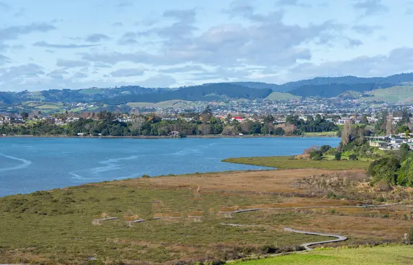 Kurvenreiche Uferpromenade Durch Das Feuchtgebiet Der Waikaereo Mündung — Stockfoto