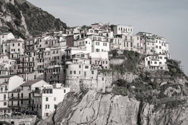 Manarola İtalya - 25 Nisan 2011; Geleneksel renkli Akdeniz yamacı balıkçı köyü teras evleri Cinque Terre 'de kayalıkların kenarına inşa edildi