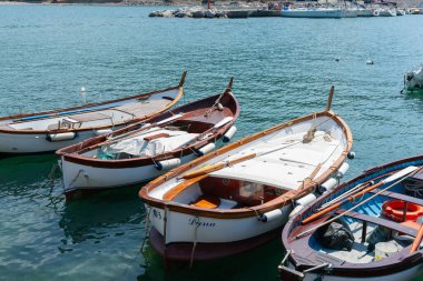 Portovenere İtalya - 27 Nisan 2011 İtalyan balıkçı köyünün kıyısında birlikte demirlemiş balıkçı tekneleri.