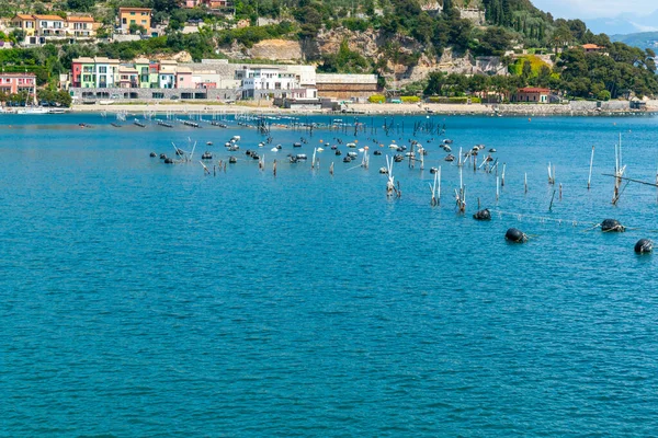 Landschaftlich Reizvolle Bucht Portovenere Mit Stockstruktur Des Traditionellen Muschelanbaus Wasser — Stockfoto