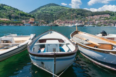 Körfezin bir tarafında deniz manzaralı tekneler Le Grazie, küçük tarihi Ligurian kasabası..