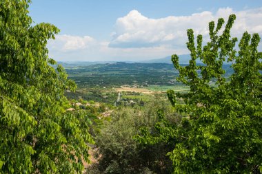 Gordes 'in antik Fransız tepe köyünden Provence manzarası ağaçlarının arasından bak.