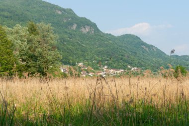 Kuzey İtalya 'da dağın eteğindeki küçük bir Avrupa köyü kurak yaz tarlasında.