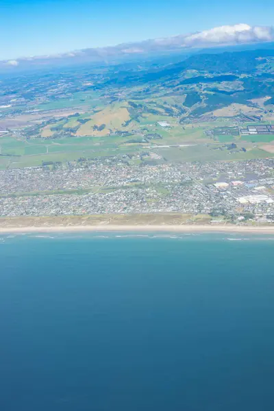 Imagem Aérea Praia Papamoa Costeira Área Residencial Tauranga Nova Zelândia — Fotografia de Stock