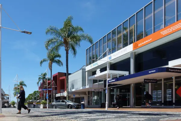 stock image Tauranga New Zealand - February 12 2024; Editorial-Street scene in Tauranga business district with cobbled street and palm trees in Spring Street.