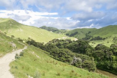 Dirt track and fence-line along hillside following river below in valley of New Zealand farm. clipart