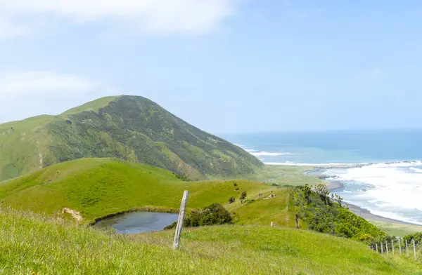 stock image Hilly farmland with pond and view down to  Wairarapa coast and surf under blue sky