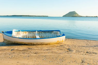 Tauranga Limanı 'ndaki körfezin kıyısında, ufukta Maunganui Dağı' nın simgesi olan klasik ahşap çatırtı..