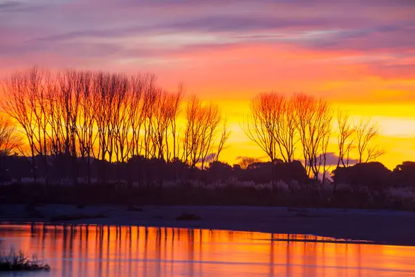 stock image Intense sunset colours beyond bay water and silhouette landscape and leafless trees.