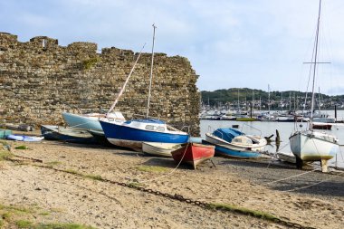 Old boats on beach of Conwy River in front of ancient city wall in Conwy Wales. clipart