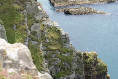 Anglesea Galler 'deki Holyhead' in engebeli kıyı şeridi..